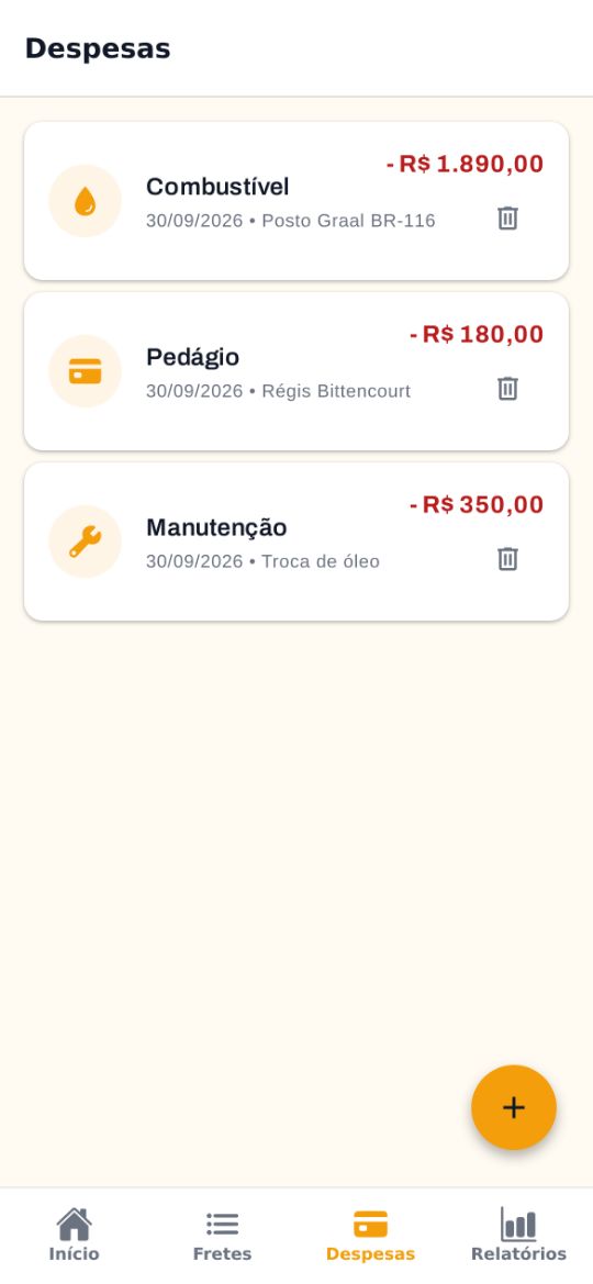 Lista de despesas: combustível, pedágio e manutenção