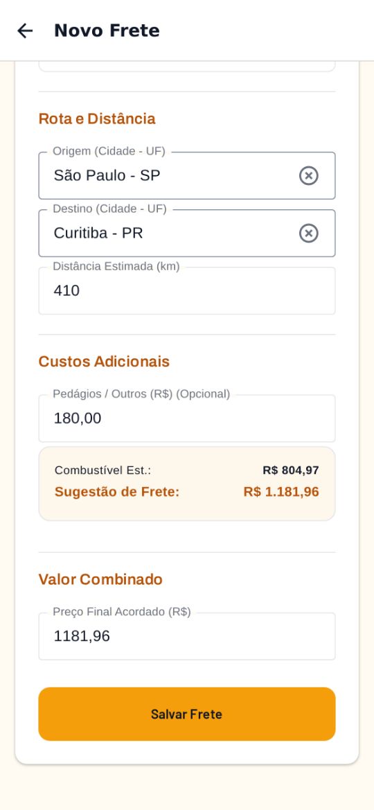 Tela do app mostrando a sugestão de frete de São Paulo a Curitiba: R$ 1.181,96