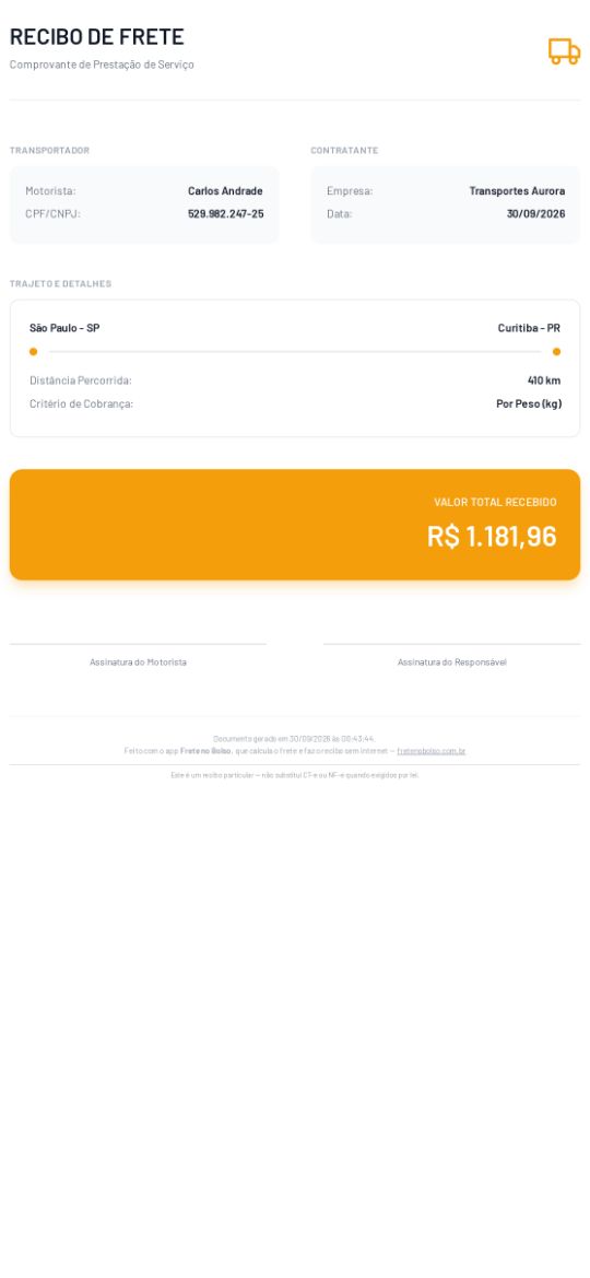 Recibo de frete em PDF com os dados do motorista e do contratante